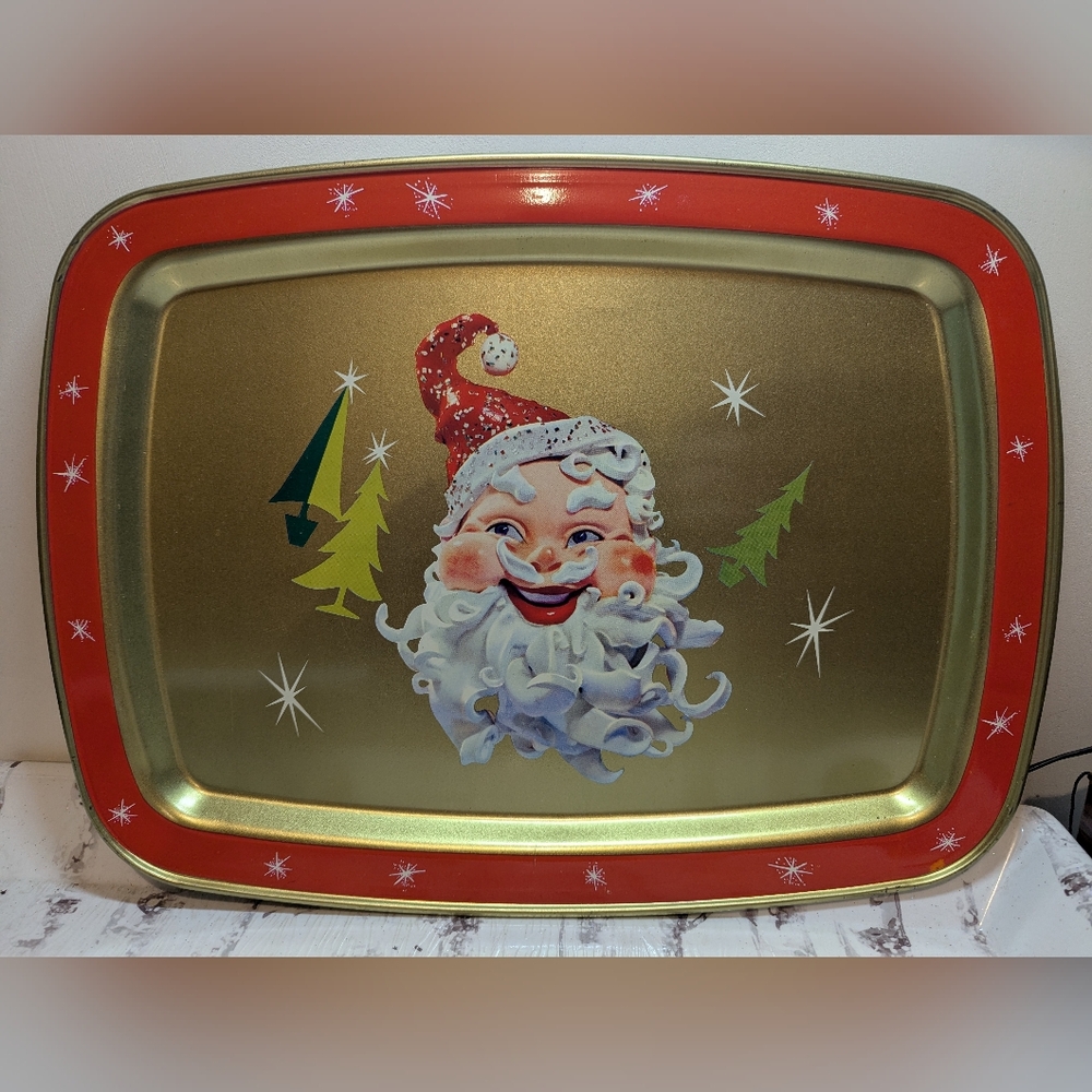 VINTAGE HOLIDAY CHRISTMAS METAL TRAY GOLD ATOMIC STARS SANTA CLAUS DECORATIVE